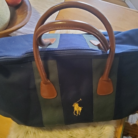 NWOT Ralph Lauren Navy & Forest Green Canvas Travel Duffle with Leather Handles - Picture 2 of 16
